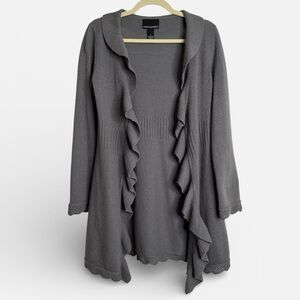 Cynthia Rowley Lanbswool Angora Long Cardigan Sweater Ruffle Hem Dark Gray Small